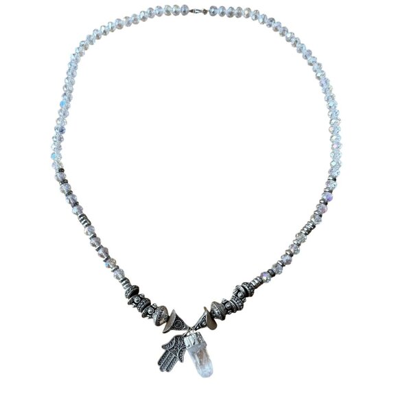 Clear Beaded Crystal at Bullet Hand of Fatima Pendant Necklace Silver Tone - Picture 1 of 5